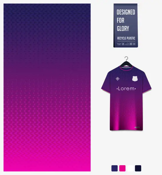 Vector illustration of Soccer jersey pattern design. Zig Zag pattern on violet abstract background for soccer kit, football kit or sports uniform. T-shirt mockup template. Fabric pattern. Sport background.