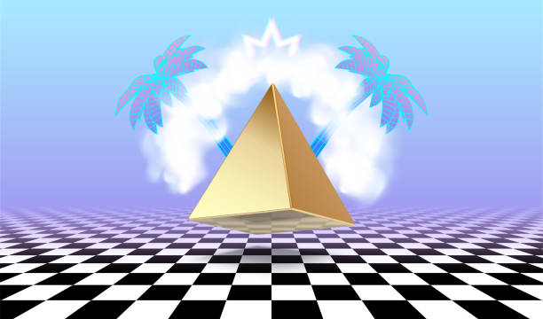 ภาพประกอบสต็อกที่เกี่ยวกับ “โปสเตอร์ vaporwave ที่มีเมฆหรือซุ้มประตูไอเหนือพีระมิดสีทองล้อมรอบด้วยต้นปาล์มเขตร้อน นามธรรม� - chess backgrounds”