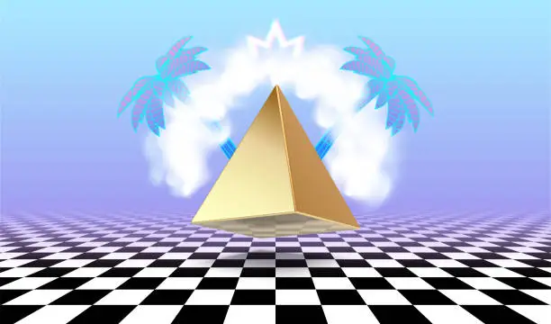 Vector illustration of Vaporwave poster with cloud or vapor arch above the golden pyramid, surrounded by tropical palm trees. Surreal vaporwave abstraction in 90s style over the checkered floor