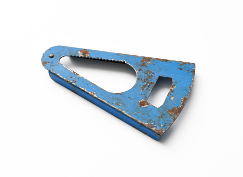 High angle view of old blue bottle opener isolated on white with clipping path.