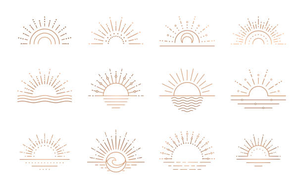 ilustraciones, imágenes clip art, dibujos animados e iconos de stock de logotipo boho amanecer, vector de arte de línea solar. diseño de logotipo vectorial de stock sunset - passenger ship sunset summer sun