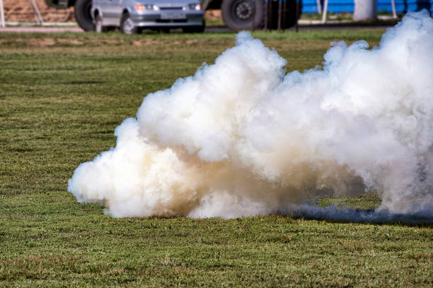 istock A white smoke bomb on green grass. 1308759148