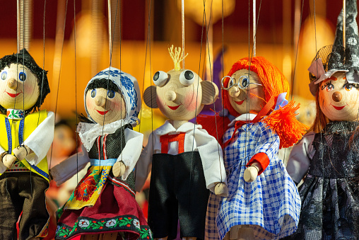 Old puppets theater. Vintage figure, traditional marionette, retro show