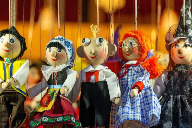 Traditional handmade wood strings puppets and marionettes, Prague, Czech Republic.