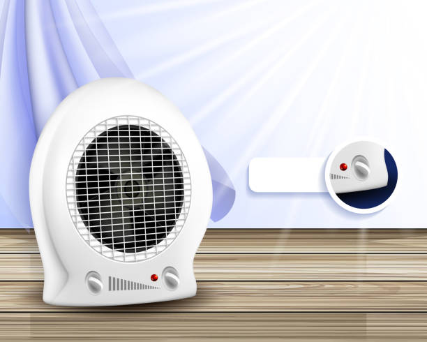 Electric Heater Portable Tool Promo Banner Vector Electric Heater Portable Tool Promo Banner Vector. Heater With Adjustable Thermostat And Ventilator Standing On Wooden Floor Creative Advertising Marketing Poster. Color Concept Layout Illustration ventilator background stock illustrations