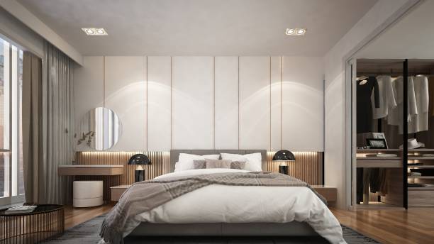 istock The beautiful bedroom interior design and lamp and side table, empty wall background 1308767342