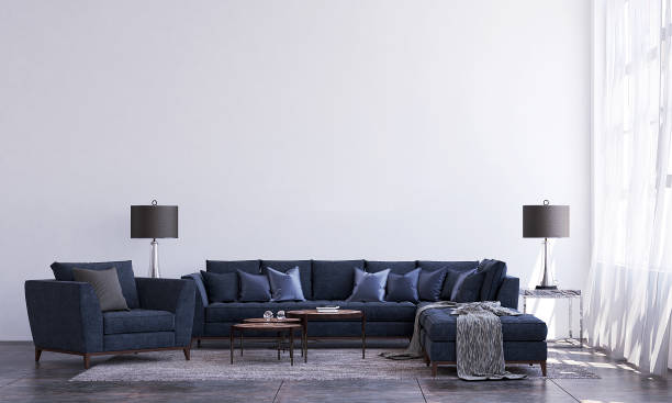 istock Modern cozy living room and empty white wall texture background interior design / 3D rendering 1308767889