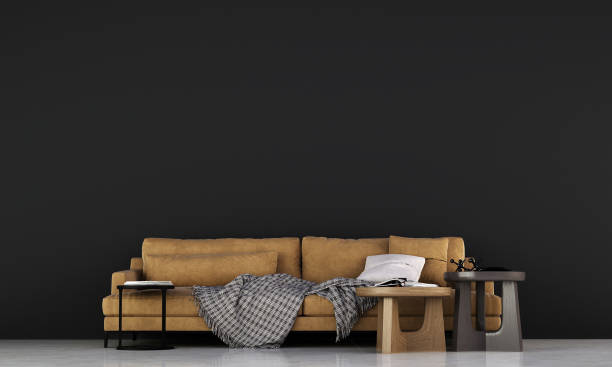 istock Modern cozy living room and black wall texture background interior design / 3D rendering 1308767938