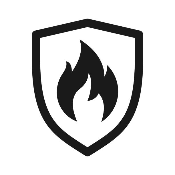 화재 표지판이 있는 방패. 화재 방패 벡터 아이콘입니다. 벡터 쉴드 아이콘입니다. 보호 아이콘입니다. 쉴드 벡터 아이콘 - balefire stock illustrations