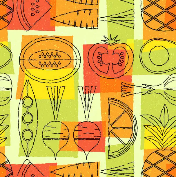 Vector illustration of Seamless mid century pattern of fruits and vegetables.