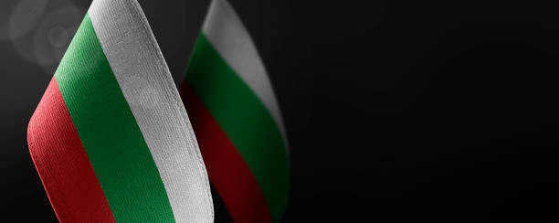 istock Small national flags of the Bulgaria on a dark background 1308774521