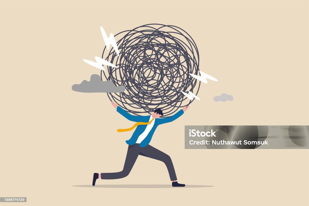Stress burden, anxiety from work difficulty and overload, problem in economic crisis or pressure from too much responsibility concept, tried exhausted businessman carrying heavy messy line on his back Emotional Stress stock vector