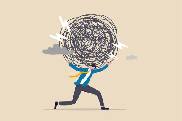 Vector illustration of Stress burden, anxiety from work difficulty and overload, problem in economic crisis or pressure from too much responsibility concept, tried exhausted businessman carrying heavy messy line on his back
