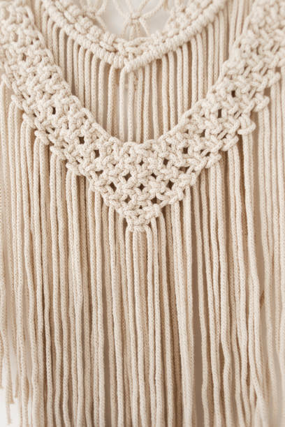 istock Close-up of handmade macrame texture sample. Eco-friendly modern DIY knitting concept for natural decor in the interior. Handmade macrame from 100 cotton. 1308776363