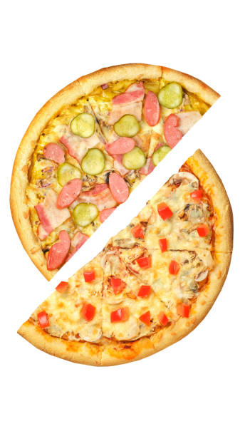 istock Pizza, two halves isolated on a white background. Versus concept. Appetizing pizza. 1308780586