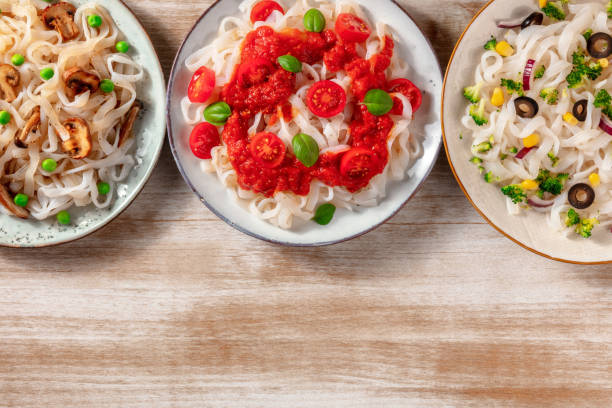 istock Konjac pasta with various toppings, overhead flat lay shot 1308783138