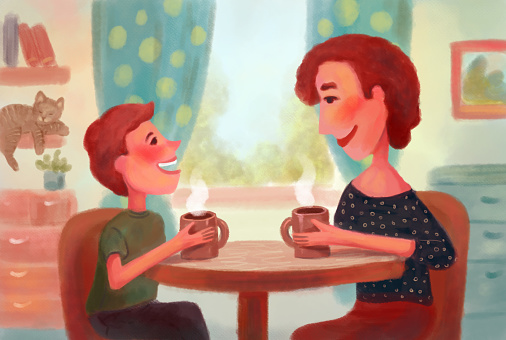 illustration of family conversation between mom and son. Chatting at the table with tea or coffee. Psychologically healthy family environment, communication