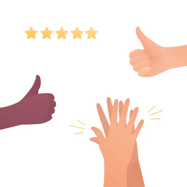 Vector illustration of Feedback and quality review concept. Vector flat illustration. Caucasion and african american human hands. Thumbs up, clapping hands and star symbol. Design element