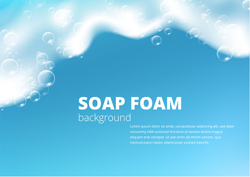 Beautiful blue background with realistic Soap foam with bubbles. Shiny washing hygiene detergent. Shampoo bubbles texture. Vector illustration