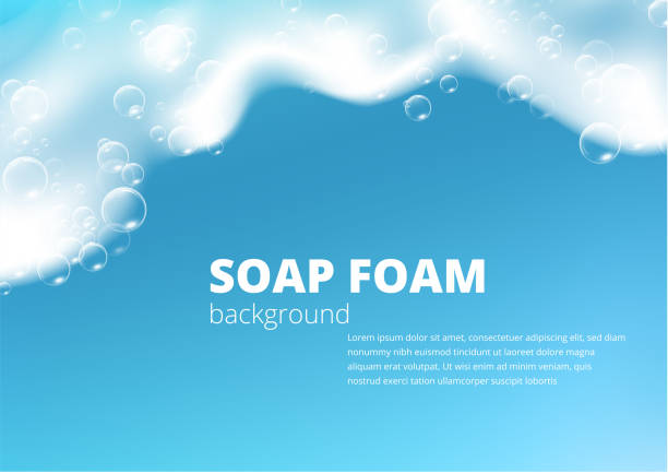 Beautiful blue background with realistic Soap foam with bubbles. Shampoo bubbles texture. Shiny washing hygiene detergent. Designed text. Vector illustration vector art illustration