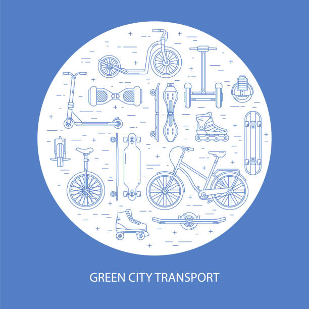 stockillustraties, clipart, cartoons en iconen met alternatief green city eco transport in line - zelfbalancerend board