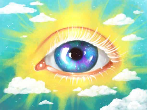 jasny plakat rysunkowy plat z trzecim okiem, świecący na niebie jak słońce, otoczony chmurami. symbol duchowego przebudzenia, jogi, zen, medytacji. - third eye illustrations stock illustrations