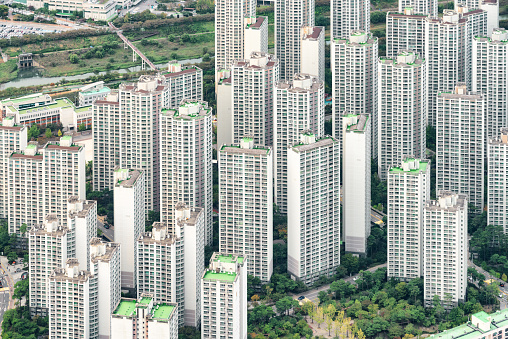 Amazing aerial view of high-rise residential buildings in Seoul, South Korea. Seoul is a popular tourist destination of Asia.