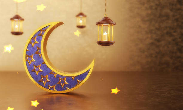 황금 보케 배경에 중공 초승달이있는 이드 무바라크 이슬람 디자인. 축제와 전통 이벤트 컨셉. 그래픽 디자인을 렌더링하는 3d 일러스트레이션 - islam mosque moon crescent 뉴스 사진 이미지