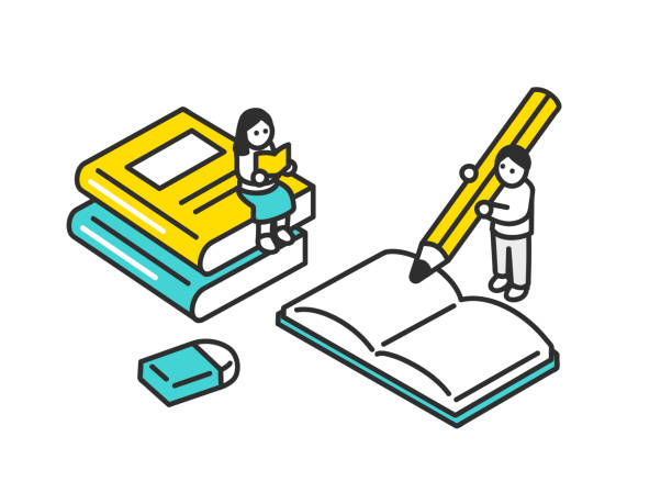 학생들은 교과서를 읽고, 노트북에 적어. - reading and writing illustrations stock illustrations