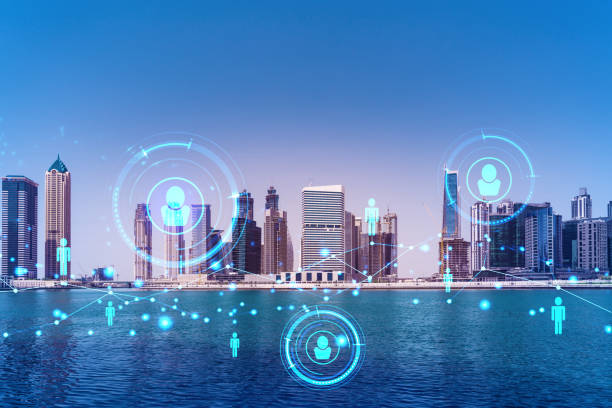 Skyscrapers of Dubai business downtown. International hub of trading and financial services. Social network icons hologram, concept of people connection. Double exposure. Dubai Canal waterfront. rascacielos de dubái negocios en el centro de la ciudad. centro internacional de comercio y servicios financieros. iconos de redes sociales holograma, concepto de conexión de personas. doble exposición. paseo marítimo del canal de dubái.