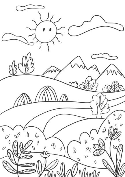 Nature landscape kids coloring page for print. Coloring page for print. spring flower mountain landscape stock illustrations