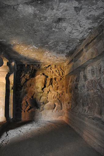 Lord Ganesha and Matrikas Sculpture western cell in Elephanta Caves, Cave 1, at Elephanta Island or Gharapuri, Mumbai, Maharashtra, India