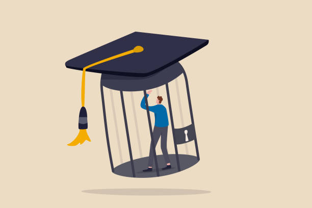 Student loan debt, money trap that graduated have to payback huge amount of money, expensive cost for education concept, depressed confused new graduated student in birdcage with graduation cap. Student loan debt, money trap that graduated have to payback huge amount of money, expensive cost for education concept, depressed confused new graduated student in birdcage with graduation cap. borrowing stock illustrations