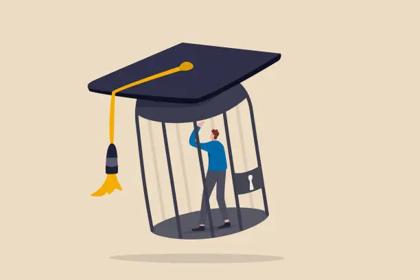 Vector illustration of Student loan debt, money trap that graduated have to payback huge amount of money, expensive cost for education concept, depressed confused new graduated student in birdcage with graduation cap.