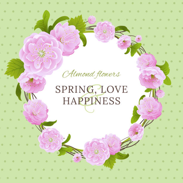 Spring card with almond pink flowers round frame. Wreath flothers vector art illustration