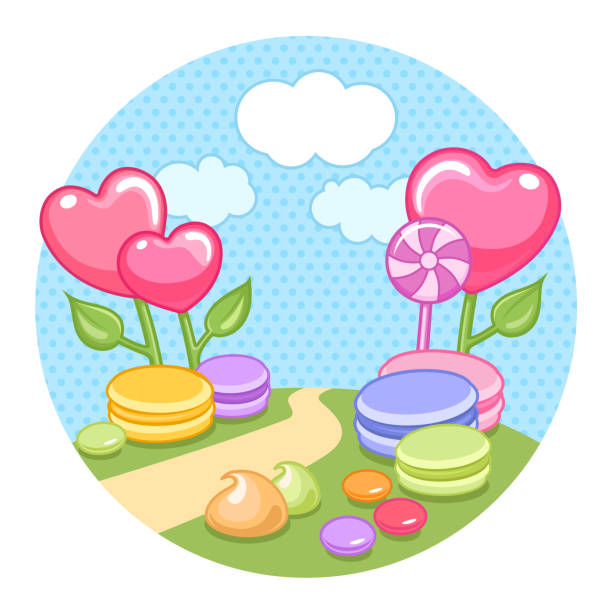 Landscape with sugar heart candies, macaroons, lollipops, bonbons and sweets in a round frame. Vector illustration. vector art illustration