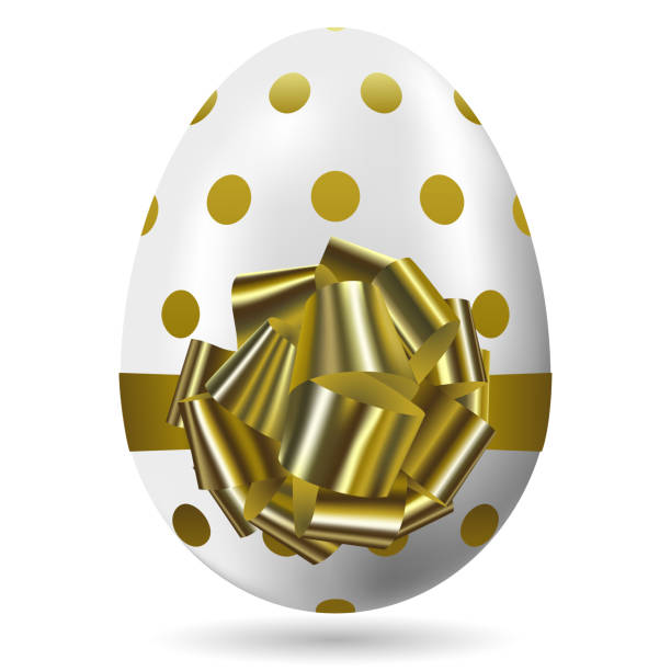 Happy easter golden polka dot white egg with gold bow and ribbon. Traditional easter symbol. Isolated on white vector illustration vector art illustration