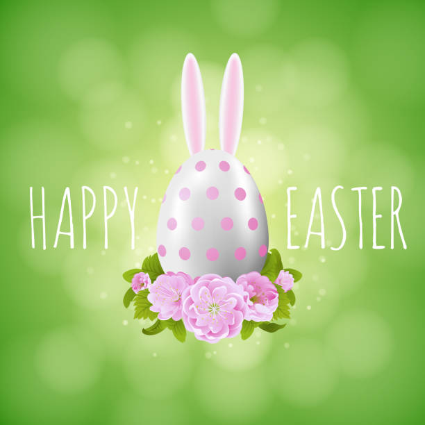 Easter greeting card with traditional polka dot decorated egg, bunny and flowers on a green background. Happy easter vector art illustration