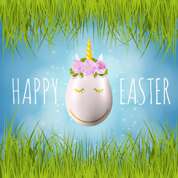 Happy easter greeting card with unicorn horn egg, almond flowers, green grass and blue sky vector art illustration