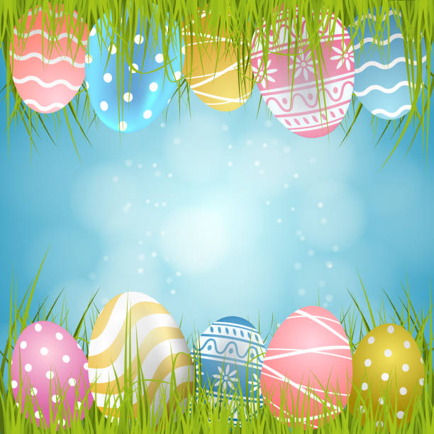 Easter background with eggs and grass and blue sky vector art illustration