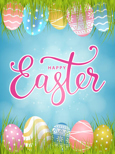 Happy easter greeting card with colorful eggs and green grass. Easter vector poster vector art illustration