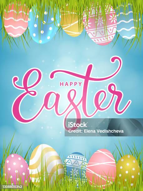 Happy Easter Greeting Card With Colorful Eggs And Green Grass Easter Vector Poster Stock Illustration - Download Image Now