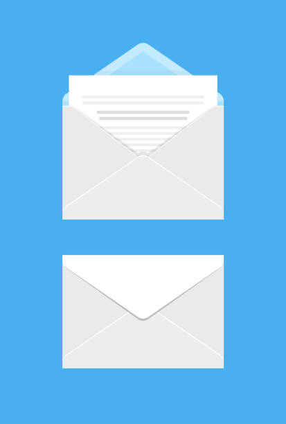 Open and closed white envelopes with message vector icons on a blue background vector art illustration
