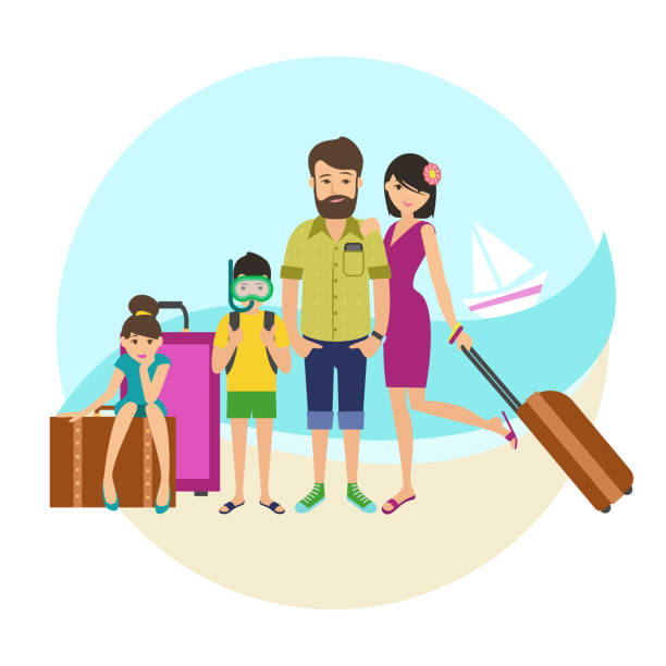 Family with a suitcases. Happy family vacation. Family travel. A family with children came for a beach holiday vector art illustration