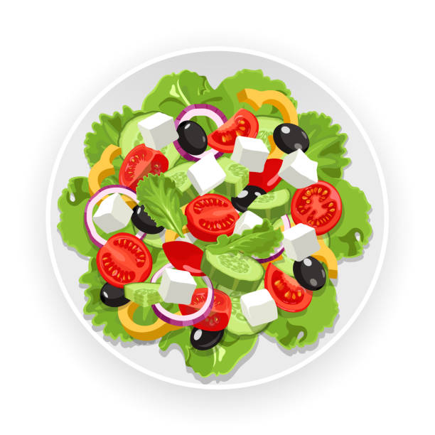 illustrazioni stock, clip art, cartoni animati e icone di tendenza di insalata tradizionale greca su un piatto bianco. pomodori, cetrioli, formaggio feta, foglie di lattuga, olive, peperoni dolci e cipolle. dieta mediterranea. illustrazione vettoriale in alto su uno sfondo bianco - white background healthy eating meal salad