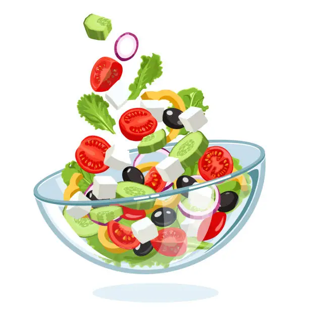 Vector illustration of Traditional Greek salad with slices of feta cheese, tomatoes, olives, flying in the air to a glass bowl on a white background. Mediterranean diet