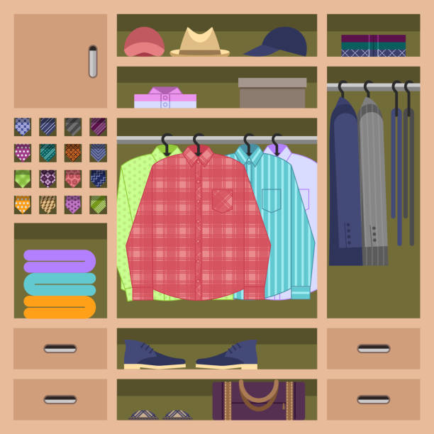 Man's wardrobe inside with everyday mans clothes hanging on hangrails. Closet filled with mans shirts, sweaters, ties, shoes and accessories. Flat style vector illustration. vector art illustration