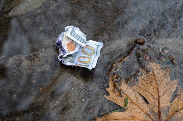 a crumpled $ 100 bill lies on the wet ground. - crumpled currency dollar folded imagens e fotografias de stock