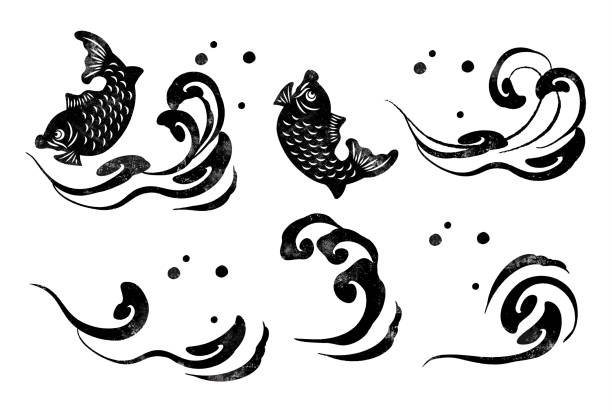 Ink painting style tsunami vector illustration Ink painting style tsunami vector illustration.simple. wave jumping stock illustrations