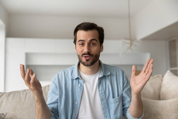 istock Screen view of man talk on video call 1308806444